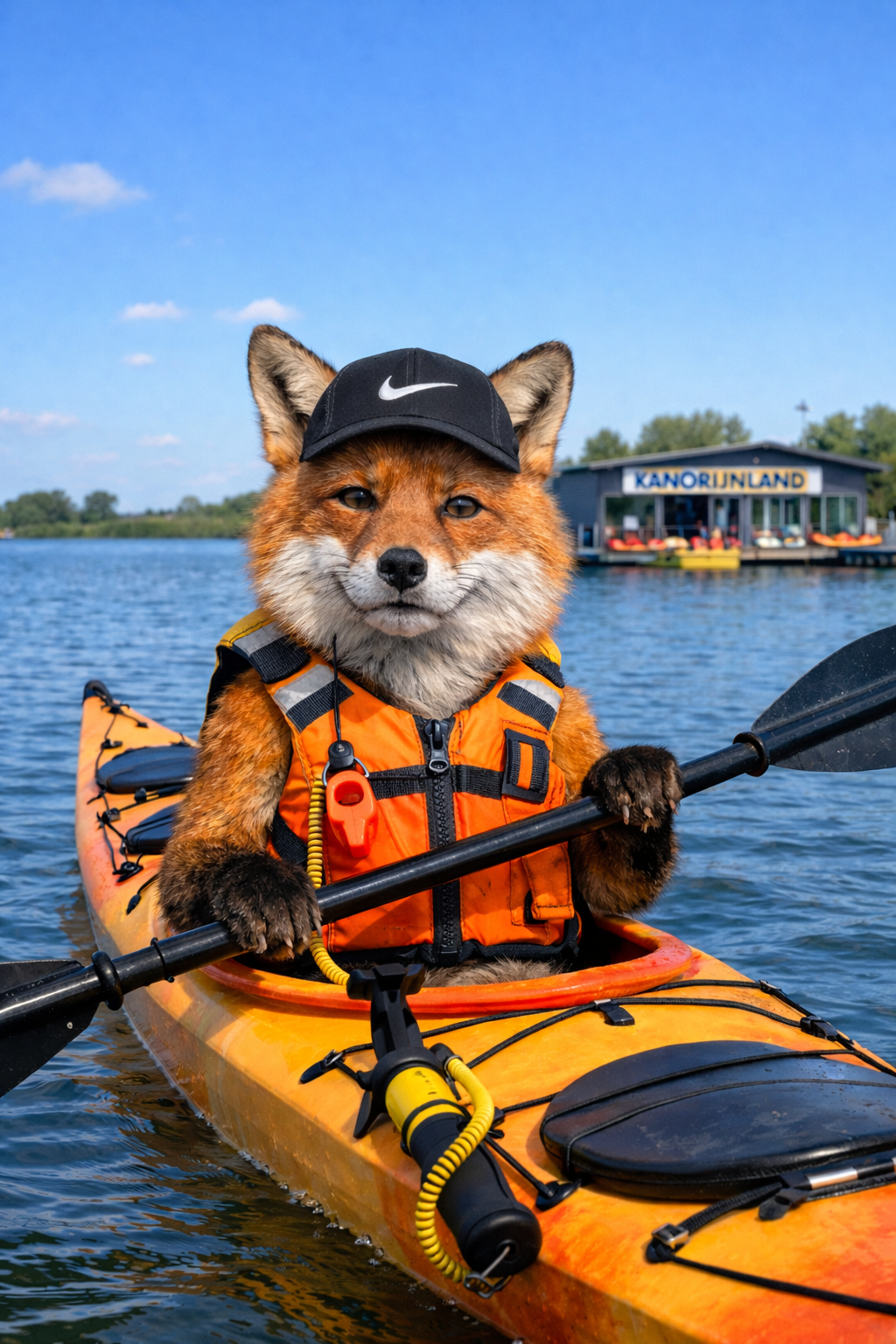 Welkom - Een vos met een zwarte pet en een oranje reddingsvest peddelt in een gele kajak op een meer, met op de achtergrond een steiger en een gebouw waarop “KANORIJNLAND” staat.