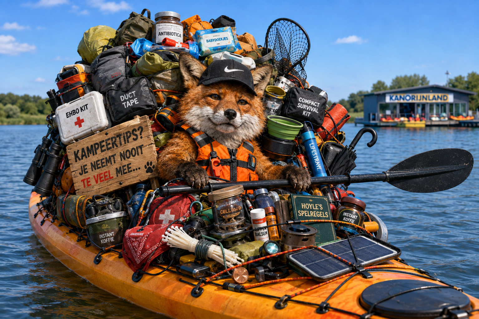 Vos in een kajak met heel veel artikelen in zijn boot