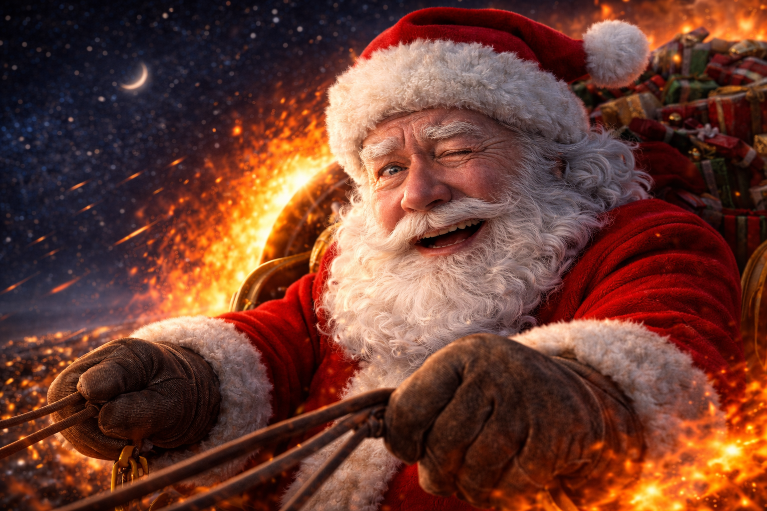Blije Kerstman die knipoogt terwijl hij in zijn slee vol cadeaus door een magische nachtelijke hemel rijdt met een halve maan en een warme, sfeervolle gloed.