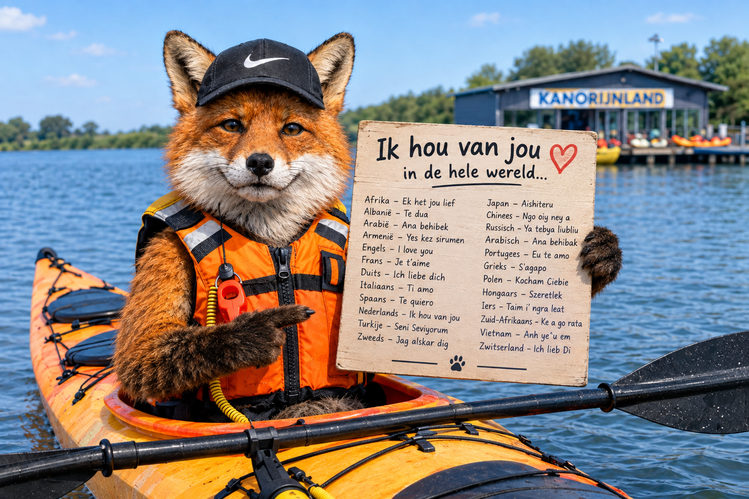 Een vos in een kajak houdt een bord vast met 'Ik hou van jou' in verschillende talen.