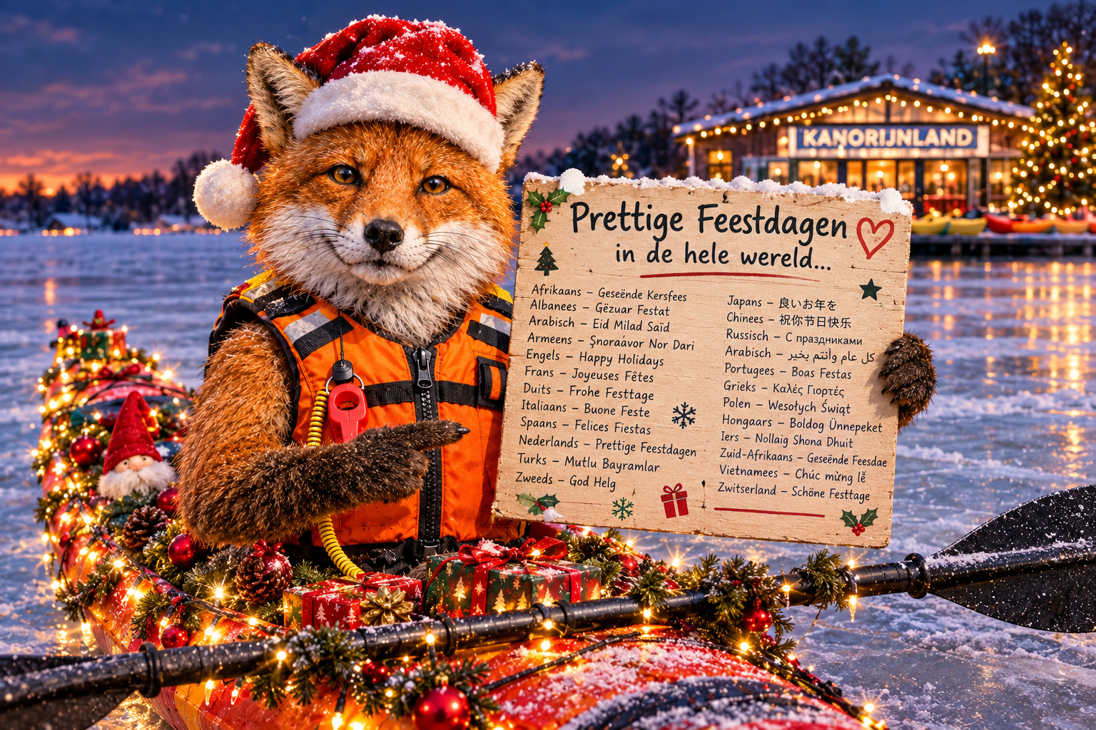 Een vos in een kajak houdt een bord vast met 'prettige feestdagen' in verschillende talen.